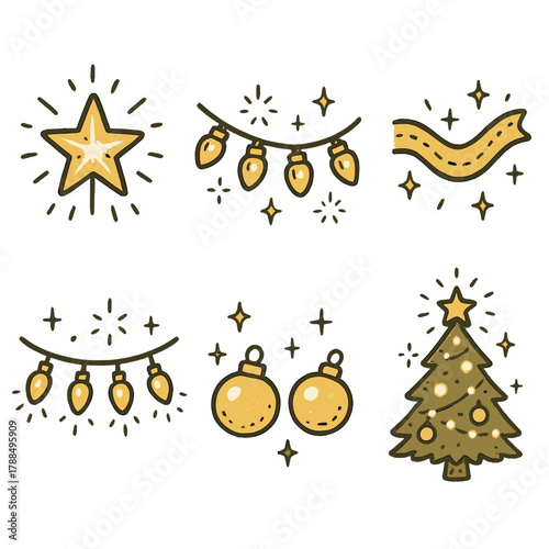 Festive Tree Icons. Christmas Tree Glow outline icons: radiant star topper, glowing bulbs, shimmering garland, warm white lights, golden ornaments, softly lit pine.