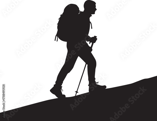 Silhouette of a hiker with a backpack and poles climbing a steep incline outdoors