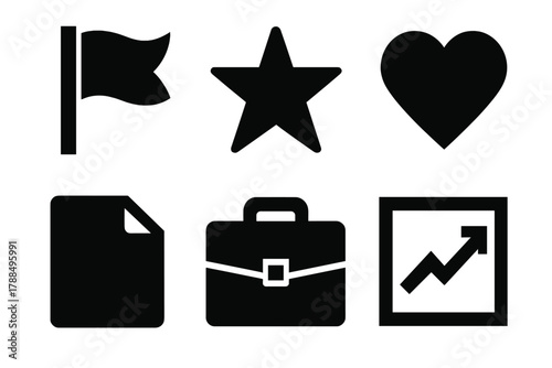 Bold Icon Set. Brand retention silhouette icon set: flag, star, heart, document, briefcase, chart line.