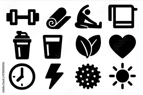 Post-Workout Icon Set. Post-Workout Healing silhouette icon set: dumbbell, yoga mat, stretching pose, towel, protein drink, water glass, leaf, heart, clock, lightning bolt, massage