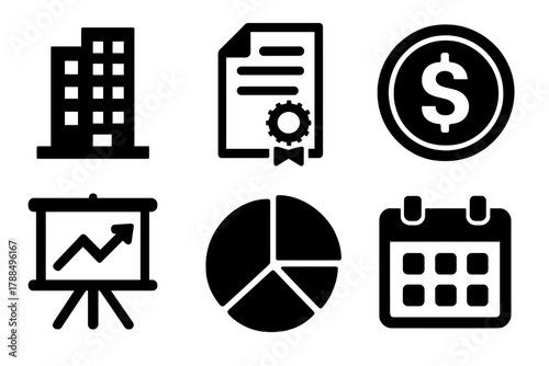 Brutalist Finance Icons. Government bonds silhouette icon set: building, document with seal, dollar coin, chart board, pie graph, calendar.