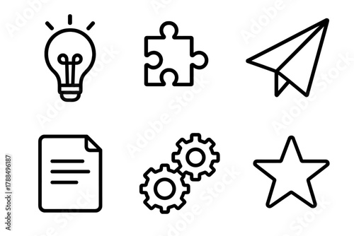 Innovative Icons Collection. Creative decision making linear icon set: light bulb, puzzle piece, paper plane, document, gears, star.