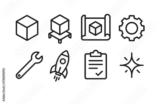 Innovative 3D Blueprint Icons. Product Innovation linear icon set: 3D cube, prototype, blueprint, gear, wrench, rocket, clipboard, spark.