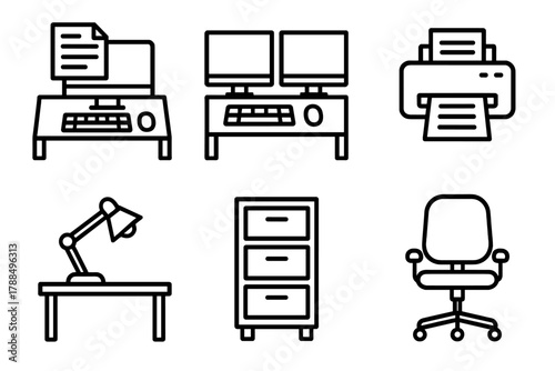 Office Essentials Outline. Office Desktops linear icon set: desktop with documents, dual monitor setup, printer, desk lamp, file cabinet, office chair.