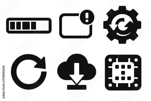 Brutalist System Icons. System Updates silhouette icon set: progress bar, update notification, gear with arrow, reboot icon, download cloud, software patch.