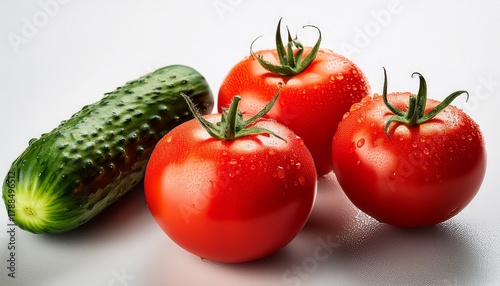 fresh tomatoes and cucumbers with water droplets arranged on a light background
