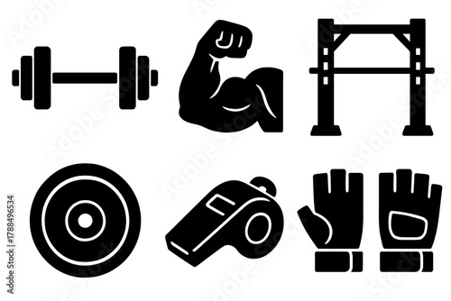 Bold Fitness Icons. Strength Fitness silhouette icon set: barbell, muscle arm, power rack, weight plate, coach whistle, training gloves.
