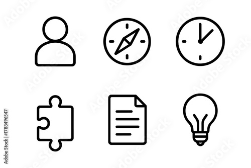 Icon Symbolic Flexibility. Personal flexibility linear icon set: person icon, compass, clock, puzzle piece, document, light bulb.
