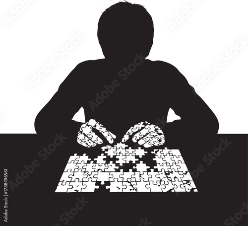 Silhouette of person assembling a complex puzzle representing focus and problem solving