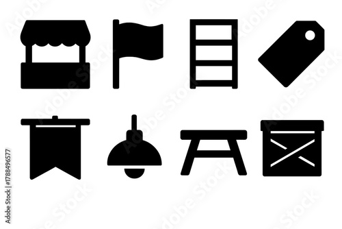 Bold Retail Icons. Event Retail Icons silhouette icon set: stall, flag, display shelf, price tag, banner, light, table, crate.