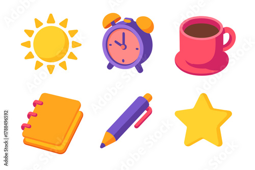 Daily Motivational Icons. Daily Motivation modern flat icons set: Sun, Alarm Clock, Coffee Cup, Notebook, Pen, Star.