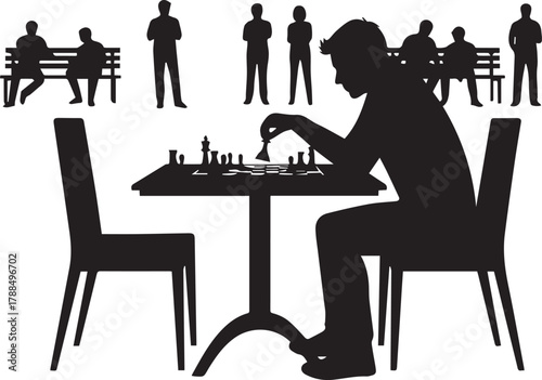 Silhouette of a person playing chess at a table with others in the background