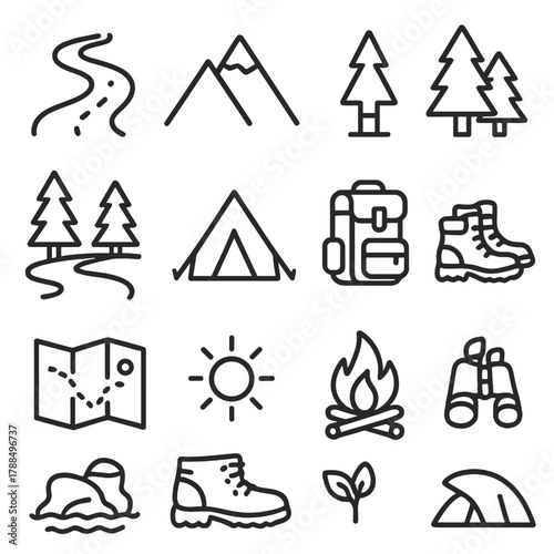 Nature Adventure Icons. Nature Trails linear icon set: path, mountain, tree, forest, river, tent, backpack, hiking boots, map, sun, campfire, binoculars.