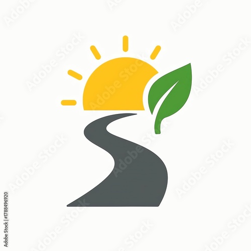 Sun leaf and road logo representing growth and journey isolated on white background