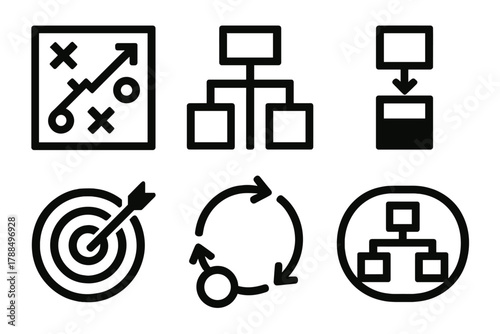 Brutalist Business Icons. Business Modeling silhouette icon set: strategy map, workflow chart, process block, goal alignment, resource flow, scenario planning.
