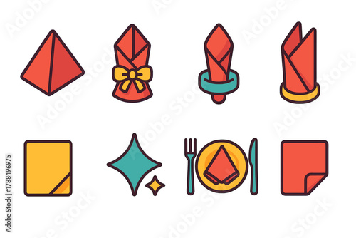 Festive Napkin Icons Set. Festive Napkins Symbols modern flat icons set: neatly folded napkin, ribbon wrap, ring napkin, cloth fold, paper napkin, sparkle star, table setting,