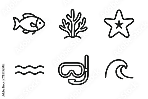 Coral Island Icons. Coral Island linear icon set: reef fish, coral shapes, starfish, clear water, snorkel mask, ocean wave.