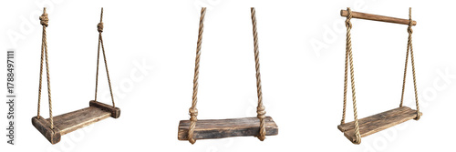 Three wooden swings of varying styles. Each swing has a unique design