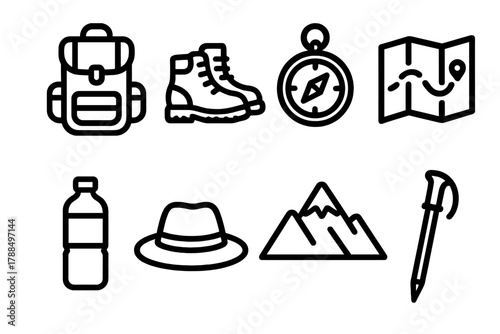 Hiking Gear Icons. Hiking Essentials linear icon set: backpack, boots, compass, map, water bottle, hat, mountain, walking stick.