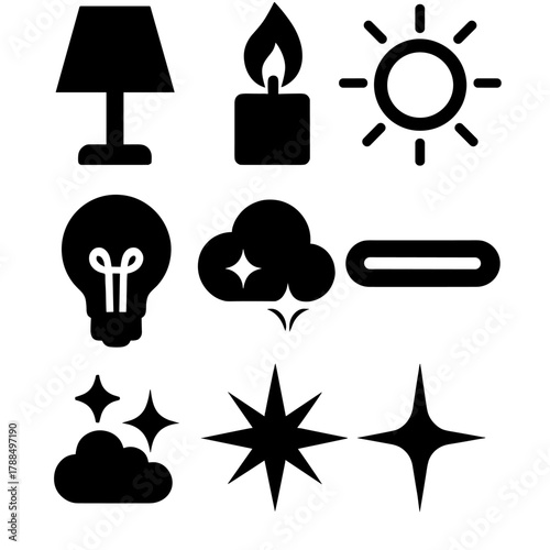 Bold Vector Icons. Bright Illumination Pack silhouette icon set: lamp, candle flame, glowing bulb, radiant ring, shimmer cloud, neon stripe, flare spark, shining star
