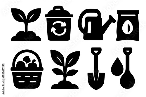 Brutalist Garden Icons. Organic Produce silhouette icon set: sprout, compost bin, watering can, seed bag, basket, plant, shovel, droplet.