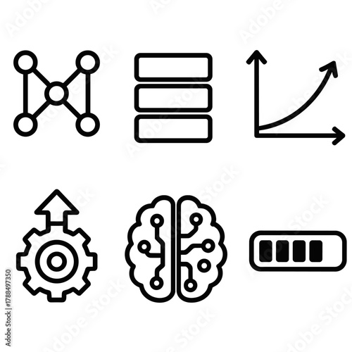 AI Icons and Diagrams. AI Training linear icon set: neural network diagram, data set icon, learning curve, algorithm gear, brain circuit, progress bar.