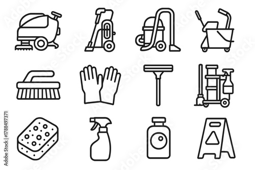 Industrial Cleaning Icons. Industrial Cleaning Equipment linear icon set: floor scrubber, pressure washer, vacuum, mop bucket, brush, gloves, squeegee, cleaning cart, sponge, spray