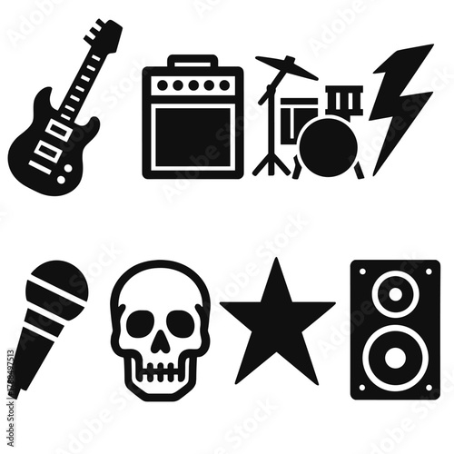 Brutalist Rock Icons. Rock Band silhouette icon set: electric guitar, amplifier, drum set, lightning bolt, microphone, skull, star, speaker.