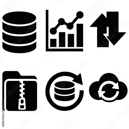 Bold Data Management Icons. Data Management silhouette icon set: database icon, data analytics chart, data transfer arrows, file archive, data recovery, cloud sync.