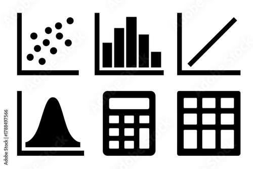 Bold Statistical Icons. Statistical Analysis silhouette icon set: scatter plot, histogram, regression line, probability curve, calculator, sample dataset.