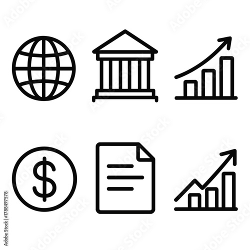 Economic Icons Overview. Economic inflation linear icon set: globe, government building, bar graph, dollar sign, document, growth arrow.