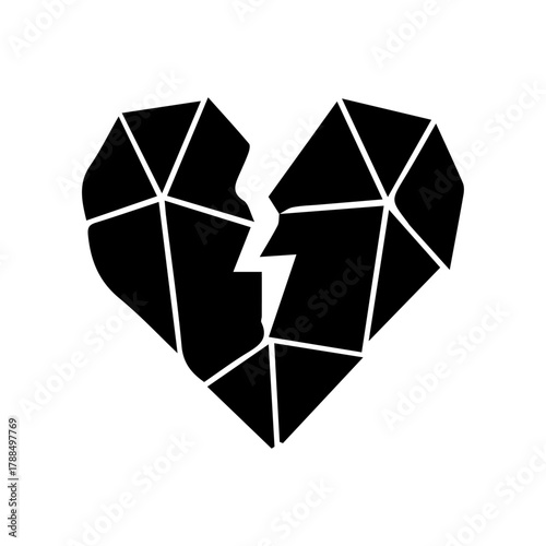 Abstract broken hearth in geometric shape, black silhouette isolated on white or transparent background, vector illustration.