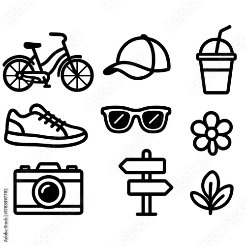 Recreational Cycling Icons. Recreational Cycling Set linear icon set: cruiser bike, hat, sunglasses, drink cup, sneakers, camera, path sign, flower.