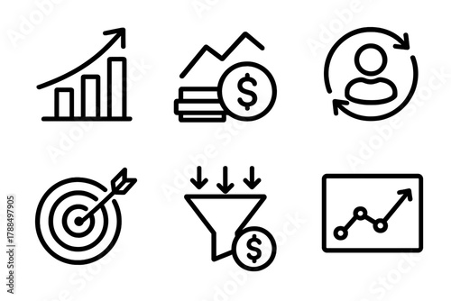 Business KPI Icons. Business KPIs linear icon set: revenue growth, profit margin, customer retention, sales target, conversion rate, performance chart.