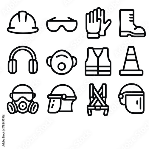 Safety Gear Icons. Worker Safety Gear linear icon set: hard hat, safety glasses, gloves, boots, vest, ear muffs, dust mask, safety harness, cone, respirator, helmet, face shield. ,