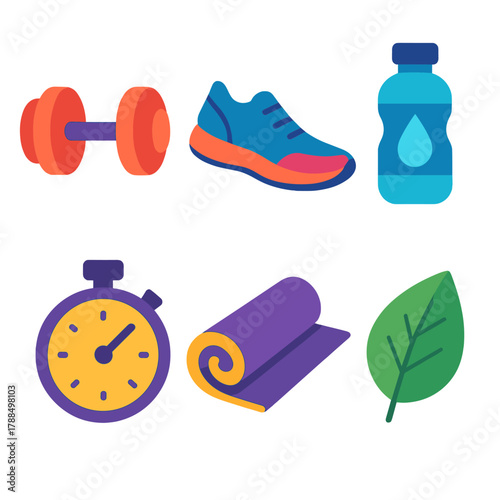 Fitness Essentials Icons. Fitness Goals flat icons: Dumbbell, Running Shoe, Water Bottle, Stopwatch, Yoga Mat, Leaf.