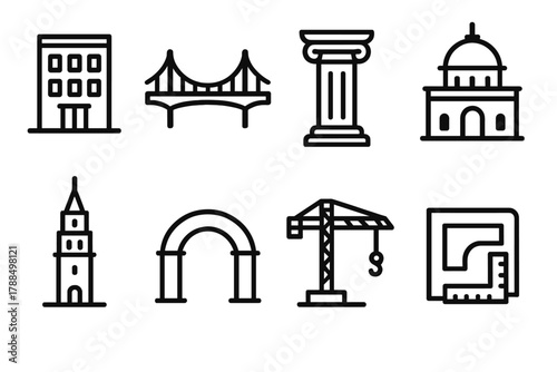Architectural Icon Outline. Architectural Structure linear icon set: building, bridge, pillar, dome, tower, arch, crane, blueprint.