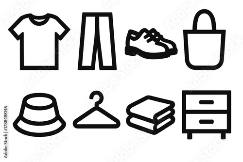 Brutalist Wardrobe Icons. Minimal Wardrobe Collection silhouette icon set: neutral shirt, pants, shoes, tote bag, hat, coat hanger, folded stack, drawer.