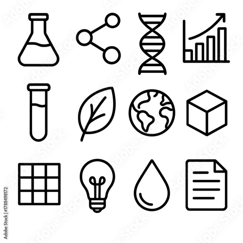 Scientific Icon Montage. Scientific Recycling linear icon set: lab flask, molecular model, DNA helix, graph chart, test tube, leaf, globe, 3D cube, data grid, light bulb, water