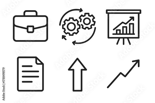 Business Icons Collection. Business adaptability linear icon set: briefcase, gears, arrows in circle, chart board, document, upward arrow.
