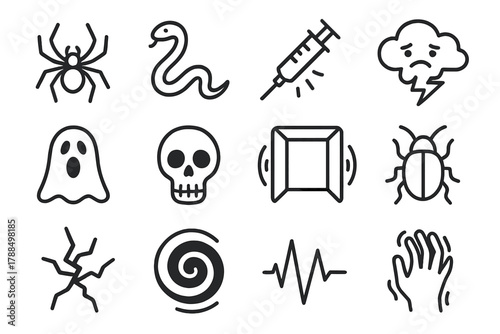 Phobia Icon Collection. Phobia Theme linear icon set: spider, snake, syringe, storm cloud, ghost, skull, closed space icon, insect, crack, darkness swirl, heartbeat, trembling hand