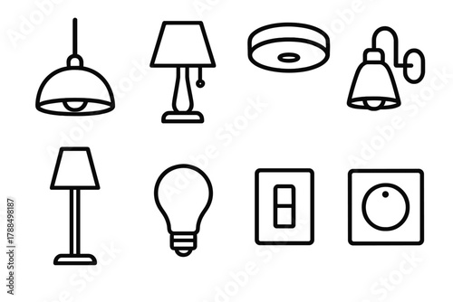 Interior Lighting Icons. Interior Lighting linear icon set: pendant lamp, table lamp, ceiling light, wall sconce, floor lamp, bulb, switch, dimmer.