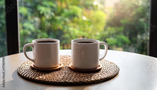 two white mugs sit on woven coasters on a round table the mugs are filled with dark liquid likely coffee or tea the table is placed in front of a window with lush greenery visible outside
