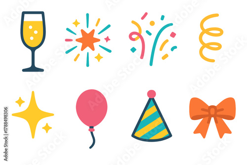 Festive Icon Set. Festive Spirit Icons flat icons: champagne flute, firework explosion, confetti rain, ribbon curl, sparkling star, balloon, party hat, gift ribbon