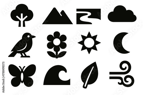 Bold Nature Icons. Natural Harmony silhouette icon set: tree, mountain, river, cloud, bird, flower, sun, moon, butterfly, wave, leaf, breeze swirl.