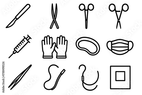 Surgical Tools Icons. Surgical Instruments linear icon set: scalpel, forceps, clamp, scissors, syringe, gloves, tray, surgical mask, tweezers, suction tube, suture thread, drape.