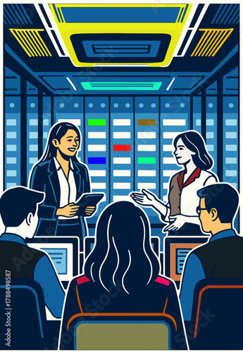 A modern server room setting shows a female professional presenting data to a group of colleagues in a high-quality meeting