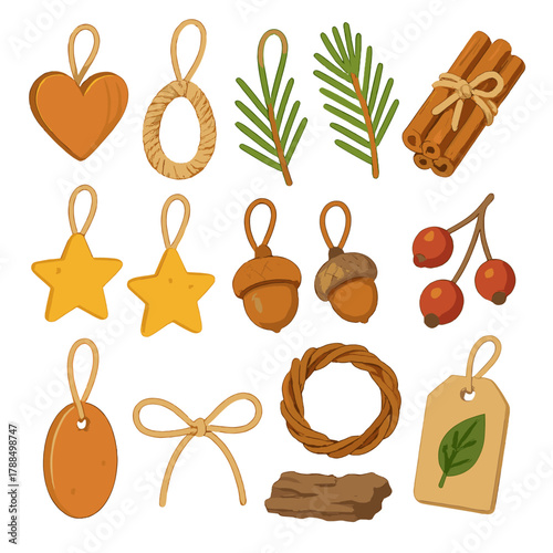 Eco Ornament Set. Handcrafted Natural Ornaments modern flat icons set: wooden hearts, twine loops, pine sprigs, cinnamon bundle, felt stars, acorn caps, mini wreaths, dried berries