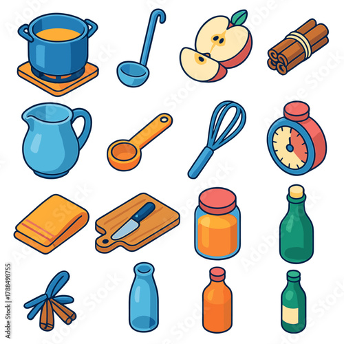 Cider Making Icons. Cider Making modern flat icons set: pot on stove, ladle, sliced apples, spice bundle, water jug, measuring spoon, whisk, timer, towel, cutting board, jar,