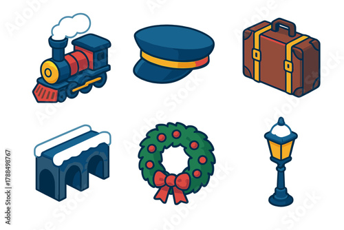 Winter Travel Icons. Winter Express modern flat icons set: steam engine, conductor hat, suitcase, snowy bridge, wreath, light post.